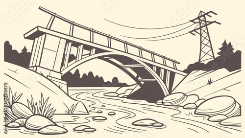 Line Art Illustration: Damaged Bridge Over River Landscape with Power Tower & Forest. Infrastructure Failure Concept
