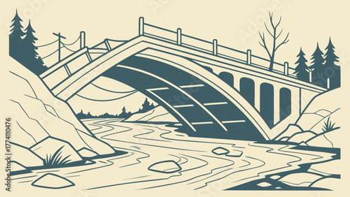 Vintage Style Arch Bridge Over River Illustration with Trees
