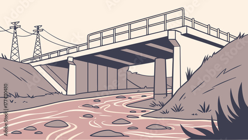 Monochromatic illustration of concrete bridge over reddish river with power lines. Urban infrastructure landscape art.