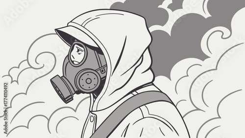 Hooded figure in gas mask amidst smoke and pollution. Black and white illustration of environmental protection and danger.