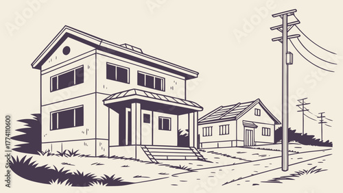 Simple line drawing of a suburban house with a garage and utility pole.
