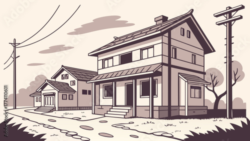 Quaint two-story house with a smaller adjacent building in a serene neighborhood.