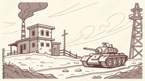 Military tank near industrial building and power transmission tower.