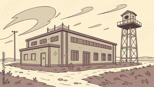 Isolated building with watchtower in a desolate landscape.
