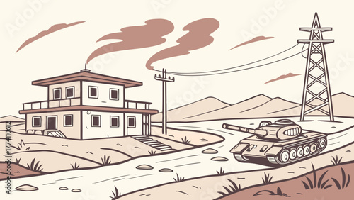 Military Tank Near Building and Power Lines in Desert Landscape.