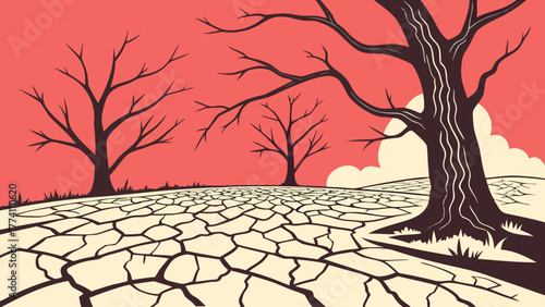 Dried cracked earth landscape with dead trees under red sky.