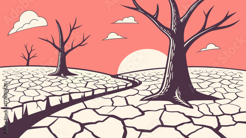 Dried cracked earth with dead trees under a red sky.