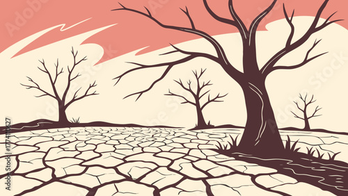 Barren landscape with dry cracked earth and dead trees under a red sky.