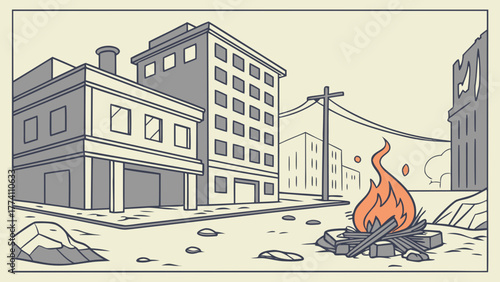 Illustration of a desolate urban landscape with a fire burning in the foreground.