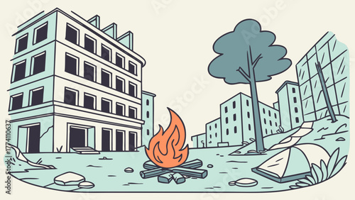 Abandoned building with a campfire.