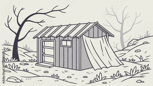 Simple wooden shed with tarp in a barren landscape.