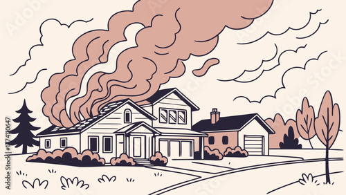 House on Fire with Smoke Billowing from Roof.