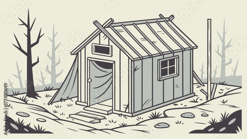 Simple wooden shed in a desolate landscape with bare trees.