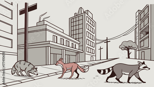 Wild animals crossing the city street illustration.