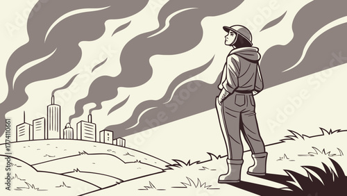 Man in protective suit standing outside city with smoke pollution.