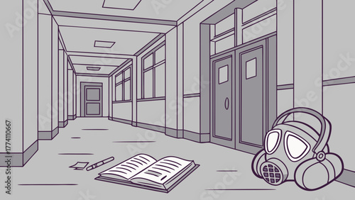 Abandoned school corridor with gas mask and open book on the floor.