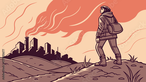 Man standing on hill looking at polluted cityscape with industrial smoke.