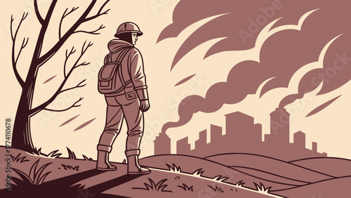 Illustration of a soldier standing alone on a hill overlooking a polluted cityscape with smoke and a barren tree.