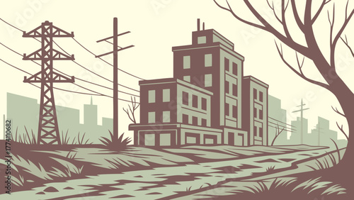 Abandoned building with power lines and dead tree in the foreground.