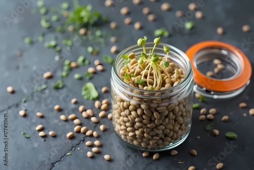 Wallpaper Mural Fresh Sprouted Lentil Seeds in Glass Jar. Symbol of Growth and Superfood Nutrition Torontodigital.ca