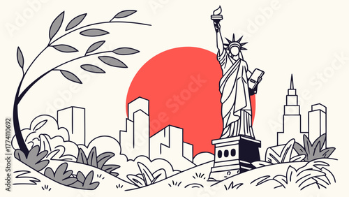 Illustration of the Statue of Liberty with New York City skyline.