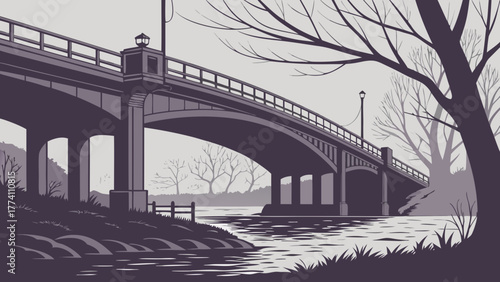 Stylized Monochromatic Concrete Arch Bridge Over River with Bare Trees Illustration