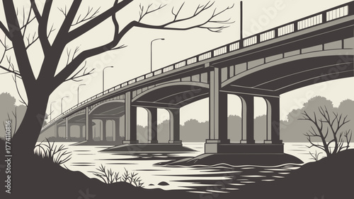 Monochromatic Bridge Over River Landscape Illustration with Bare Trees