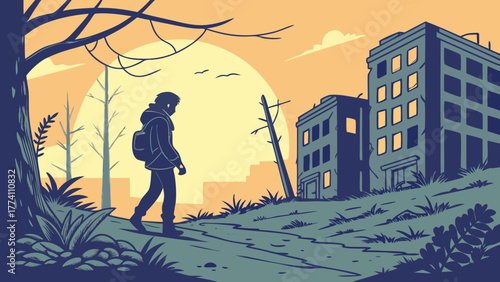 Solitary traveler with backpack walking through abandoned city ruins at sunset, depicting urban decay and a journey.