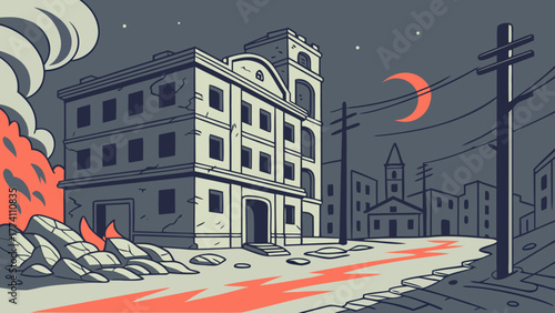 Graphic illustration of a burning city building at night with rubble and a red crescent moon