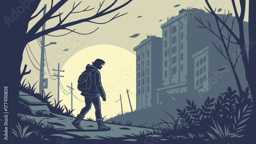 Post-apocalyptic lone traveler walks through desolate urban decay with old buildings and bare trees under a muted sky.