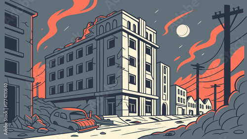 Devastated Cityscape: Post-Apocalyptic Urban Ruins with Damaged Buildings, Wrecked Car, and Fiery Sky After Disaster