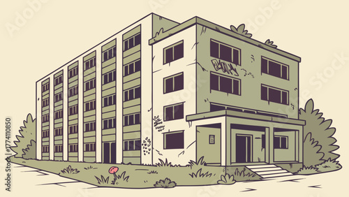 Cartoon illustration of an old, abandoned multi-story building with overgrown vegetation, cracked walls, symbolizing urban decay and neglect.