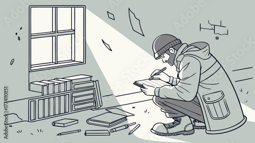 Man in beanie taking notes in a room with scattered books and a barred window, lit by a shaft of light