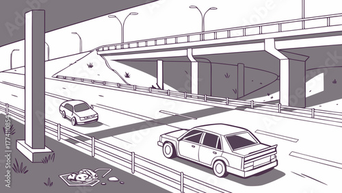 Stylized monochromatic illustration of a city highway underpass with cars and roadside litter