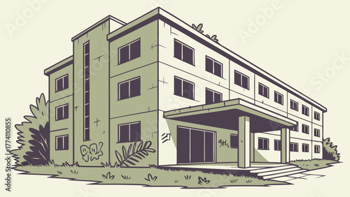 Stylized illustration of a neglected multi-story building with urban decay, graffiti, and overgrown plants, retro aesthetic