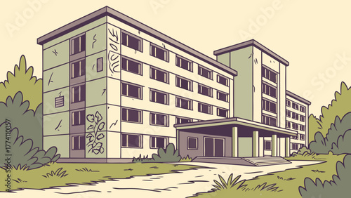 Retro cartoon illustration of an old, abandoned apartment building with graffiti and overgrown nature