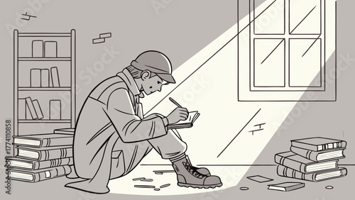 Focused individual in helmet writing in notebook among scattered books and debris in a damaged room, lit by window light