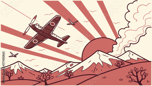 Vintage Fighter Planes Over Mountains with Sun Rays and Smoke - Retro War Illustration