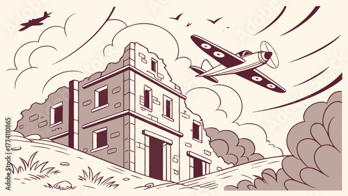 Vintage illustration of fighter planes soaring over a war-torn, ruined building. Sepia-toned historical conflict scene.