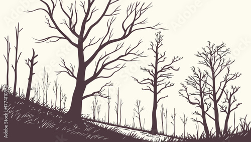 Bare Trees Silhouette on Grassy Hillside. Minimalist Hand-Drawn Winter Forest Vector Illustration.