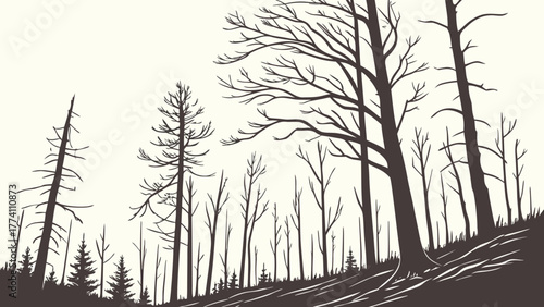 Barren Forest Landscape Illustration with Silhouetted Leafless Trees on a Hillside. Woodcut Style Vector Art.