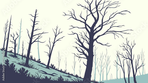 Stark Bare Trees on Hillside - Winter Forest Landscape Illustration for Environmental Themes