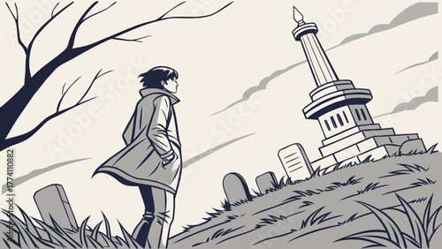 Woman standing alone in a cemetery with a monument in the distance.