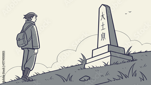 Contemplative traveler with backpack at a stone monument on a grassy hill