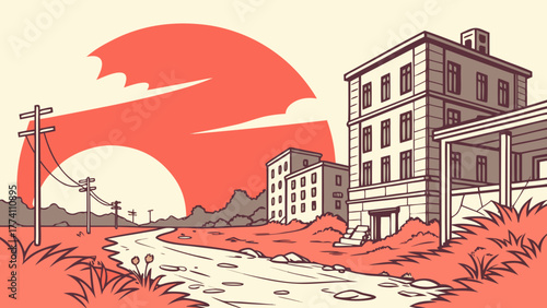 Abandoned buildings and polluted stream at sunset.