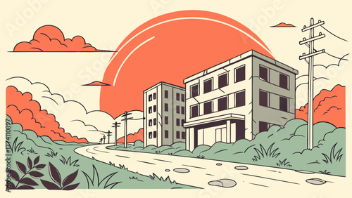 Stylized illustration of a desolate road winding past old buildings under a huge sun. Retro flat design landscape.
