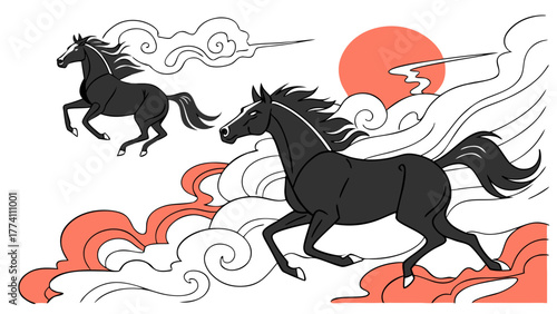 Two black horses running through clouds and mist.
