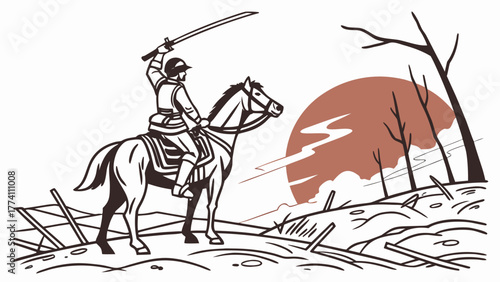 Samurai on horseback with sword drawn at sunset.
