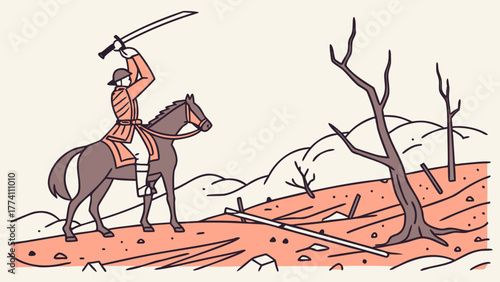 Warrior on horseback wielding sword in barren landscape.