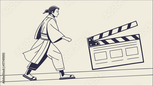 Samurai walking past a film clapperboard in a minimalist illustration.